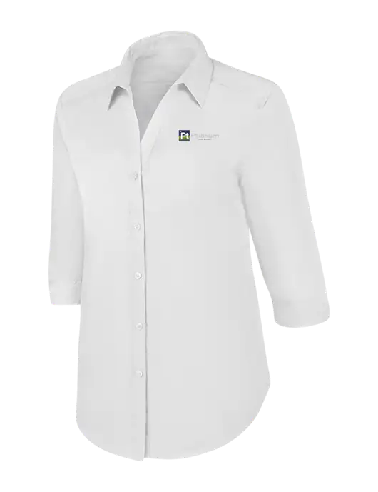 Womens White 3/4 Sleeve Carefree Poplin Shirt w/Platinum Vapor Recovery Logo