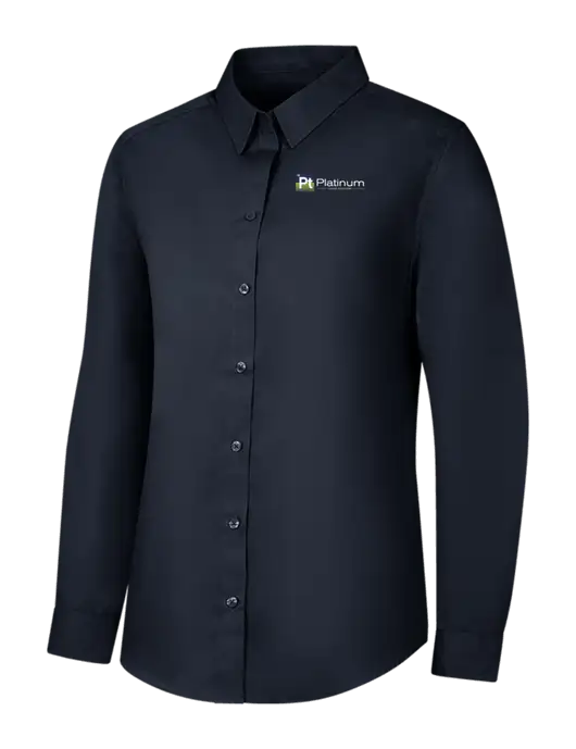 Womens River Blue Navy Long Sleeve Carefree Poplin Shirt w/Platinum Vapor Recovery Logo