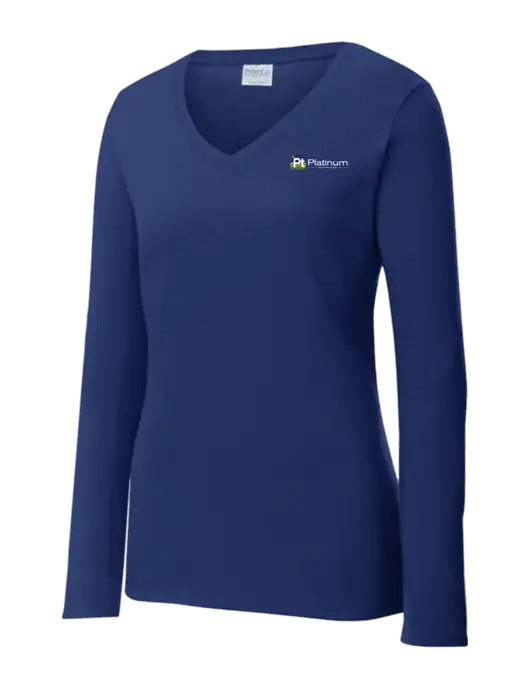 Womens  V-Neck Ring Spun Navy 4.5 oz Long Sleeve T-Shirt w/Platinum Vapor Recovery Logo