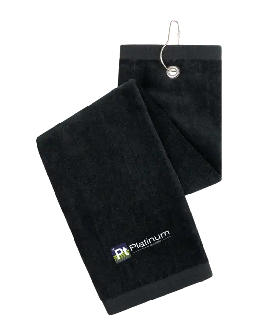 Black Tri-Fold Golf Towel with Grommet w/Platinum Vapor Recovery Logo