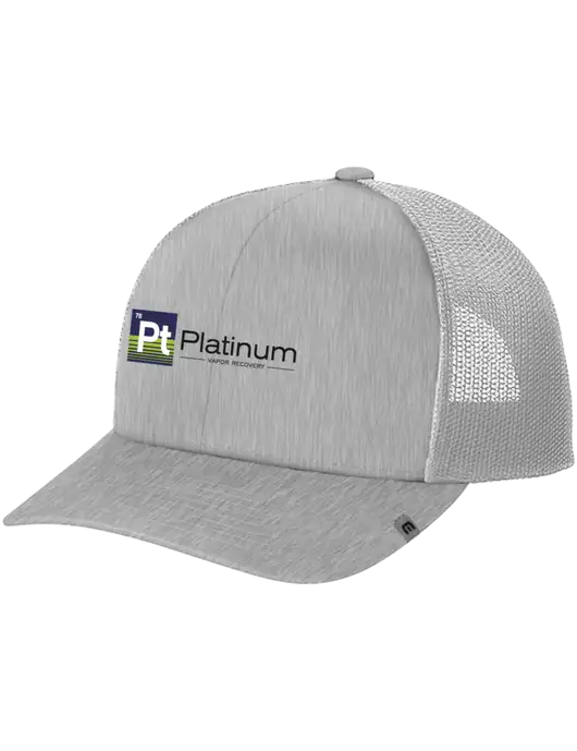 TravisMathew Light Medium Grey Heather Cruz Trucker Cap w/Platinum Vapor Recovery Logo